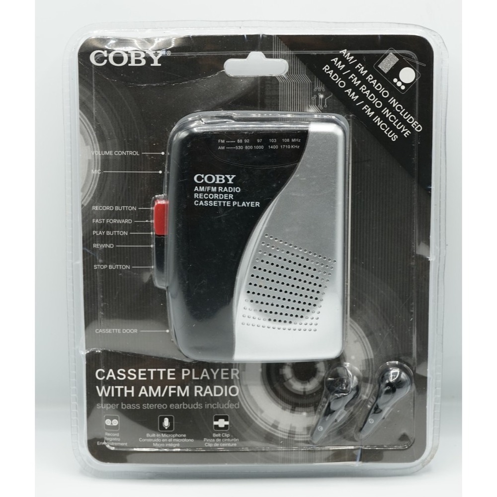 COBY CVR-28-BLK Portable Cassette Recorder AM FM Radio with Earbuds Black Retro